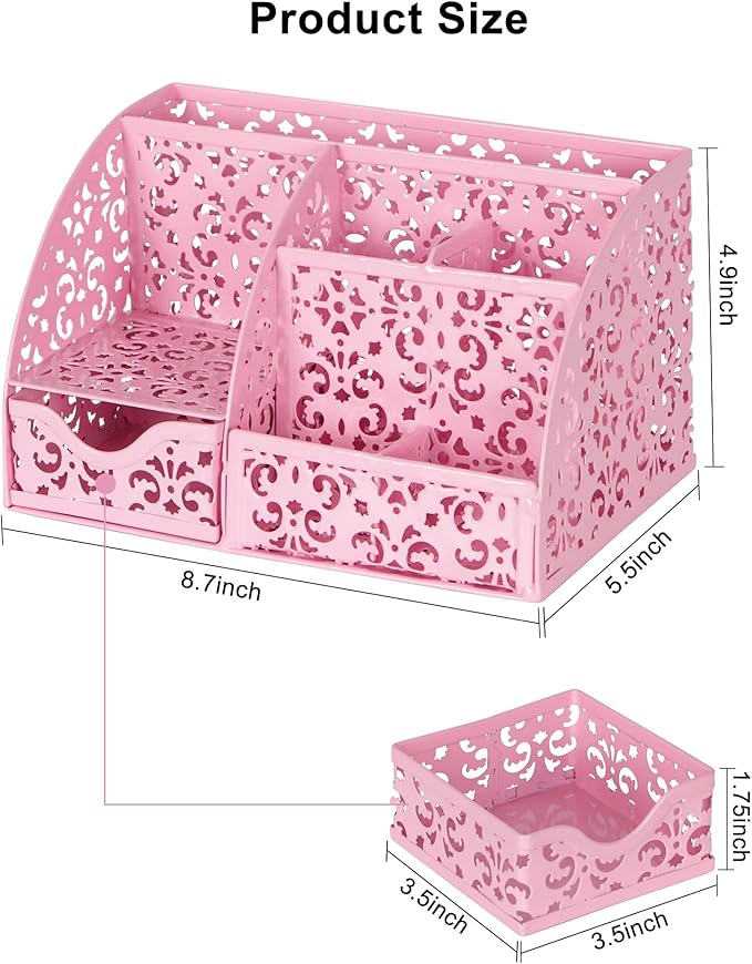 EasyPAG Pen Holder Desk Organizer with Drawer Pencil Cup for Desk 6 Compartments Metal Office Caddy Storage with Sticky Notes Holder for School Home Office, Pink