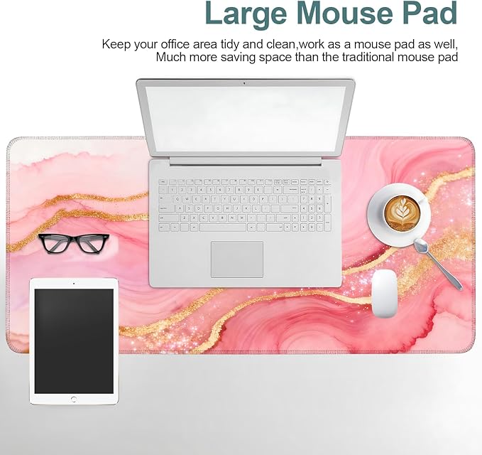 Extended Gaming Mouse Pad Large Desk Mat Anti-Slip Rubber Base & Durable Stitched Edges for Gamers Smooth Mouse Writing Surface for Desk Office/Home (Pink and Gold Stripes, 35.4x15.7Inch)