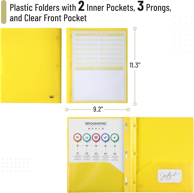Mr. Pen- Plastic Folders with Pockets and Prongs, 24 Pack, Letter Size, Yellow, Flexible Plastic Folders with Prongs, Clear Front Pocket and Card Slot