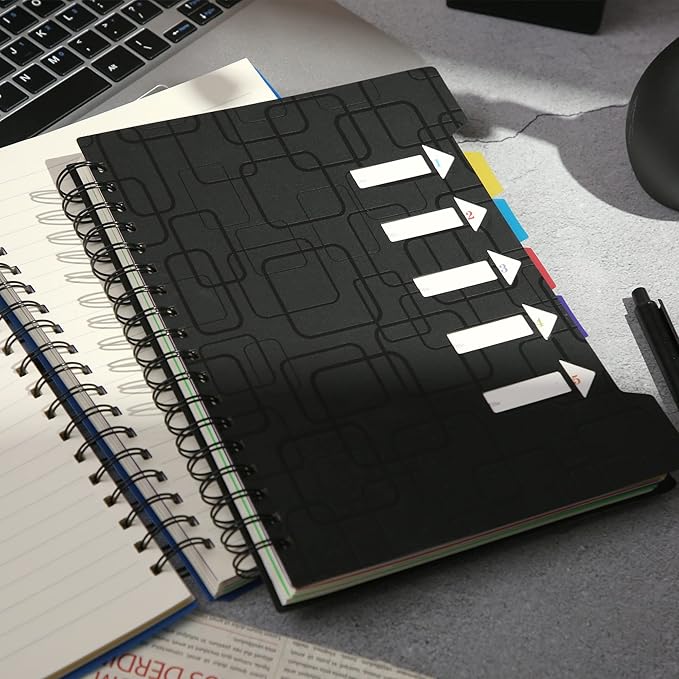 CAGIE 5 Subject Notebook for Work 240 Pages Spiral Notebooks College Ruled with Dividers Tabs A5 Small Note Book for School Office Supplies Note Taking, 5x7, Black