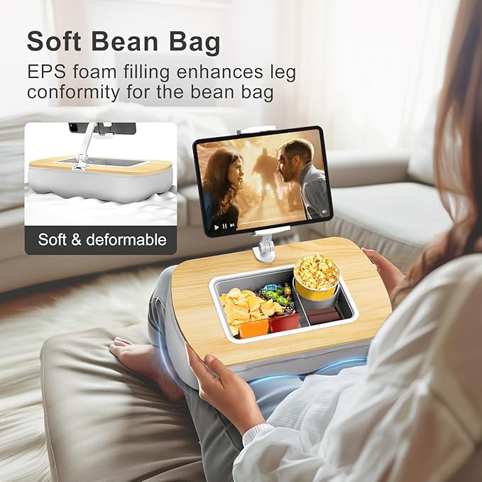 Tablet Stand Pillow with Snack Bowl, iPad Lap Holder for Hands-Free Reading and Relaxation on Bed,Couch,Recliner, 360° Rotating Clip for 4.7-13" Kindle,eBook,Tablet,iPhone (Birch Gray)