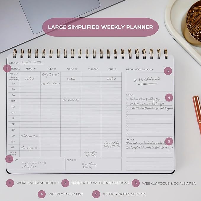 | Durable & Sleek | Undated Daily and Weekly Planner | 8.25" x 11.75" | To Do List Notebook for Work | Simple Design | Multiple Layouts | Planner and Notebook in One (Rust, Weekly Schedule - Landscape)