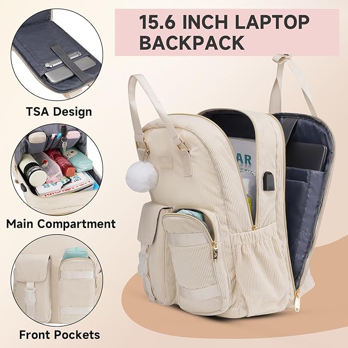 MATEIN Backpack for Teen Girls, 15.6 Inch Cute Corduroy Laptop Backpack Aesthetic College School Bookbag with USB Charging Port, TSA Lightweight Soft Kawaii Travel Backpacks for Women Nurse, Beige