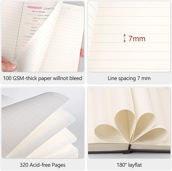 AHGXG Thick Journal Lined Notebook - 320 Numbered Pages Journal for Women A5 Notepad College Ruled, 100gsm Paper, Leather Hardcover, for Men Writing Work Office School, 5.75'' X 8.38''-Black