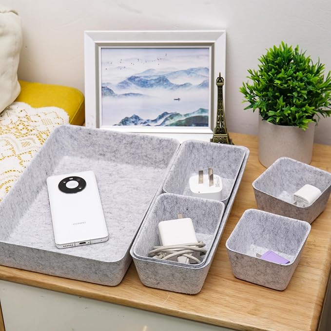 8pcs Drawer Organizer Bins, Felt Desk Organization Sets, Office Accessories & Workspace Organizers, Shallow Jewelry Makeup Storage Box Basket Shelf Containers Separators Inserts(Grey)
