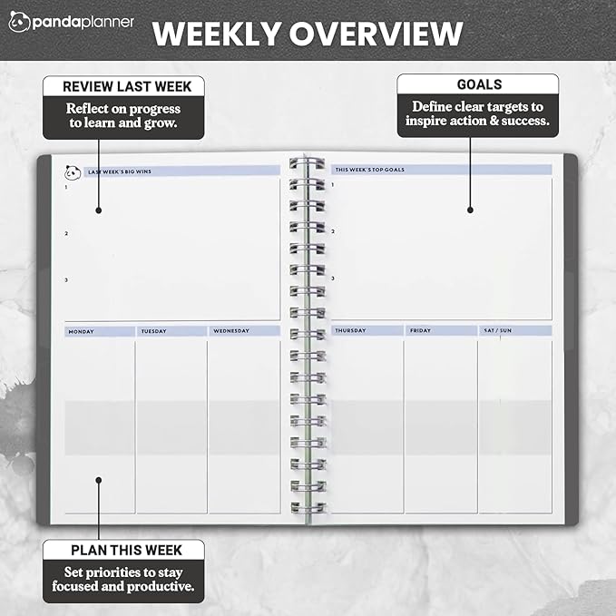 Panda Planner 2026 Undated Daily Planner 5.75" x 8.25" – 90-Day Spiral Academic & Productivity Planner with Hourly Schedule, Habit Tracker, To-Do List & Monthly Calendar – ADHD-Friendly Panda Journal (Gray)