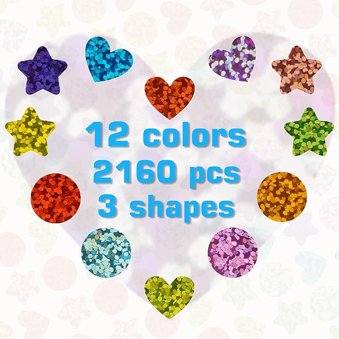 Holographic Star and Heart Stickers for Kids, 2160 Pieces, Rainbow Colors, Kids Reward and Decoration for School Classroom Student Teacher Supplies and Gift Envelope DIY