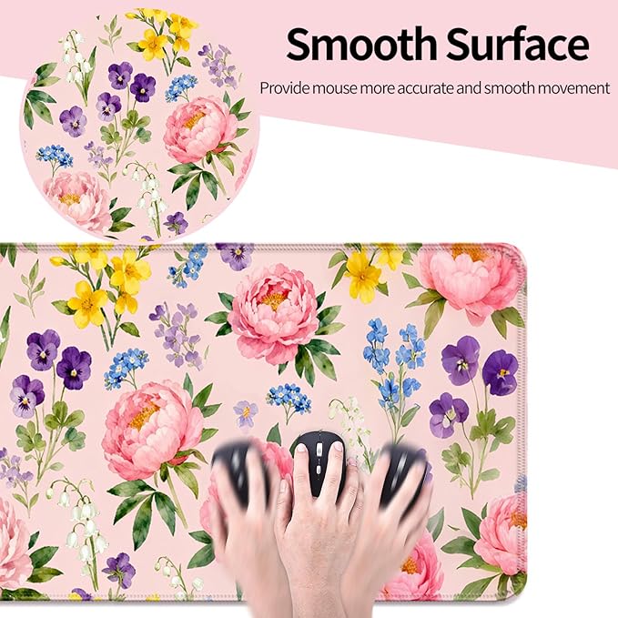 Pink Peony Flowers XL Large Desk Mat, Extended Long Pretty Floral Aesthetics Desk Pad for Gaming and Office, Non-Slip Rubber Base, Comfortable Surface Mouse Pad, 31.5x11.8 in (H12)