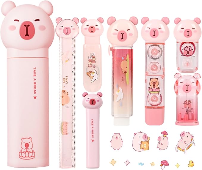 Cute Pink Capybara School Supplies,Capybara Stationary Gift Set,Kawaii Japanese Stationery Birthday GIFS, Includes Pencil Sharpener,Eraser,Correction Tape,Stickers,Ruler,for Office School Supplies