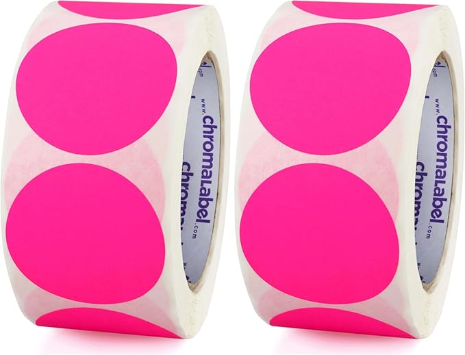 ChromaLabel 2 Inch Round Label Removable Color Code Dot Stickers, Inventory Label, 500 Labels per Roll, Fluorescent Pink (Pack of 2)