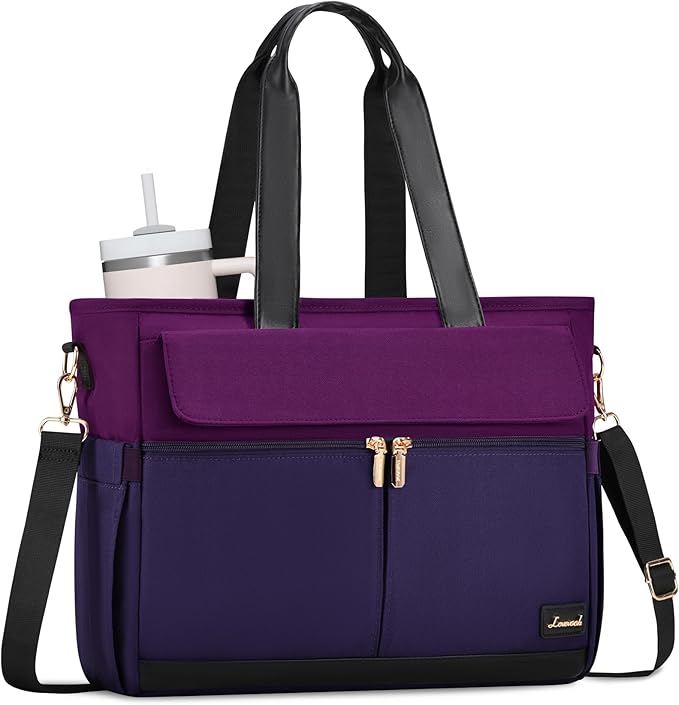 LOVEVOOK Upgrade Version Work Bags for Women 15.6 Inch Laptop Bag Large Capacity Mutiple Pockets Teacher Bag Water Resistant Canvas Tote Bag Purse for Office Travel Nurse Teacher, Dark Purple-Black