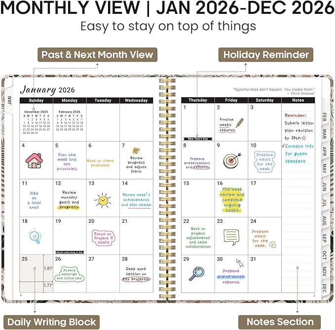 2026 Planner, Weekly and Monthly Calendar Planner Book, January 2026 - December 2026, Hardcover Spiral Planner with Monthly Tabs, Notes Pages, Perfect for Women & Men, A4 (8.5" x 11") - Owl