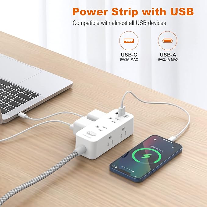 15Ft Extension Cord, BESHON Power Strip Surge Protector, 6 Outlets with 3 USB Ports(1 USB C Outlet), 3-Side Outlet Extender, Wall Mount, Compact for Home, College Dorm Room