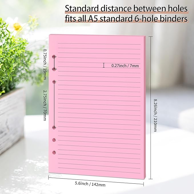 Lined Refill Paper,A5 Colorful Ruled Journal Fillers for 6-Ring Binder, Planner Inserts,5-color 120 GSM Thick Loose Leaf Paper,100 Sheets/200 Pages(100, A5（8.26x5.6in）)