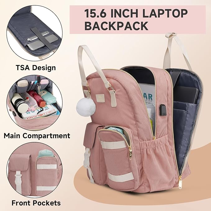 MATEIN Laptop Backpack for Women, Cute Corduroy Computer Backpack with USB Charging Port & Water Bottle Holder, TSA Lightweight Aesthetic Bag Work Business Backpack College Teacher Bags, Pink