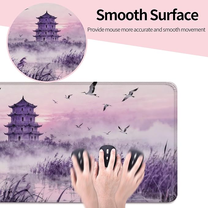 Purple Fantasy Tower and Egret XL Large Desk Mat, Extended Long Desk Pad for Gaming and Office, Non-Slip Rubber Base, Comfortable Surface Mouse Pad, 31.5x11.8 in (H25)