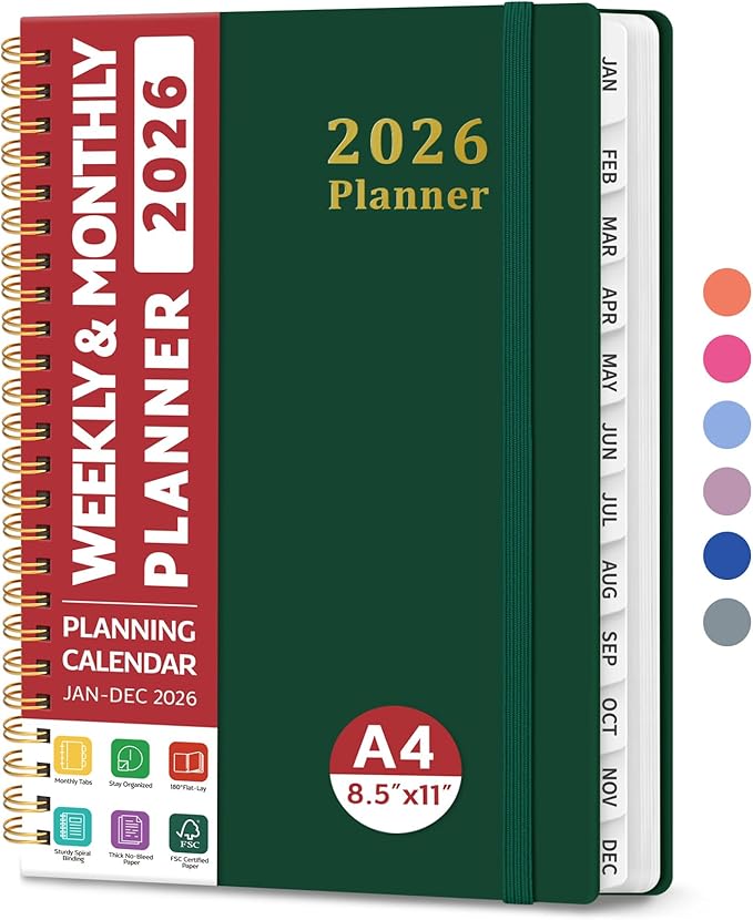 2026 Planner, Weekly and Monthly Calendar Planner, January 2026 - December 2026, Hardcover 2026 Calendar Book with Tabs For Women & Men, Inner Pocket, Spiral Bound, Perfect for Office Home School Supplies - A4 (8.5" x 11"), Dark Green