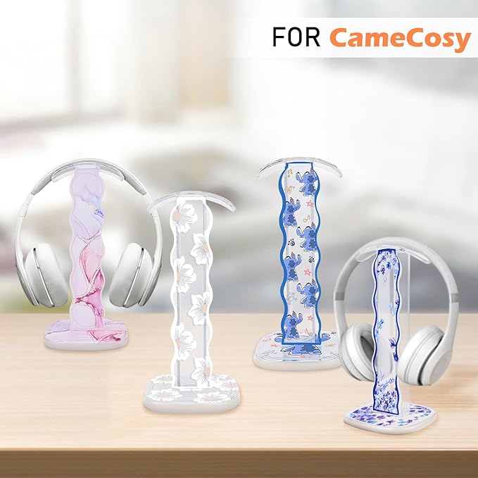 CamyCosy Headphone Stand Gaming Headset Holder for Desk,Unique Purple Lavender Flowers Pattern Clear Cellphone Stand Earphone Stand Desk Accessories for All Headphones Size