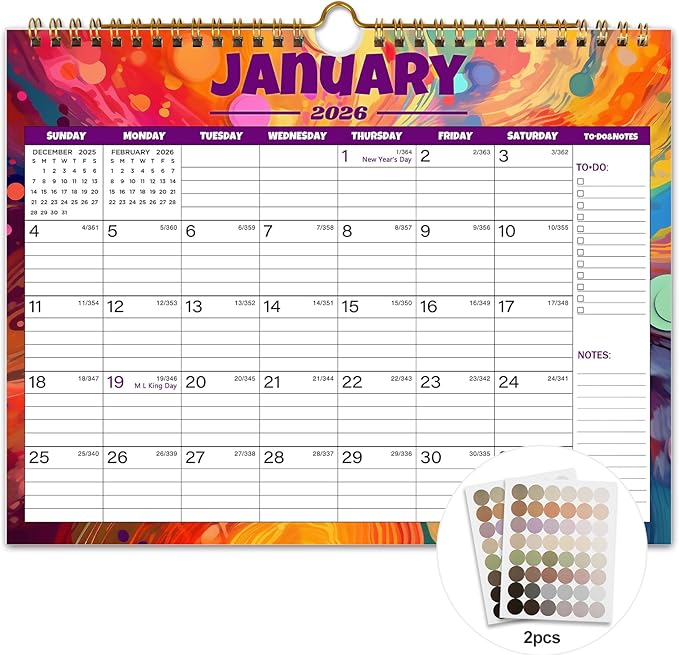 Calendar 2026-12 Monthly Wall Calendar 2026, January 2026 - December 2026,11.5" x 14.8", 2026 Calendar with Twin-Wire Binding, Hanging Hook, Blocks and Julian Dates (Wall Calendar)