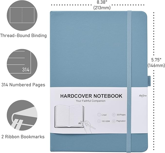 Lined Journal Notebook for Work, 320 Pages 100gsm Thick A5 (5.75"x8.38") College Ruled Journal for Women & Writing, Hardcover Notebook for Note Taking, Perfect for Office Home School Supplies, Blue