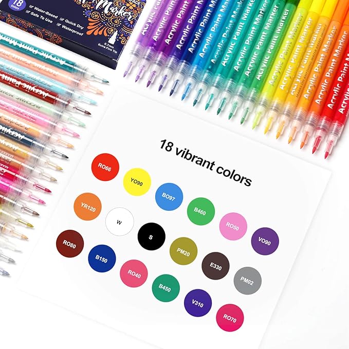 18 Color Extra Fine Tip Paint Pens - Premium Acrylic Paint Markers for Rock Painting, Canvas, Wood, Glass, Ceramic, Fabric