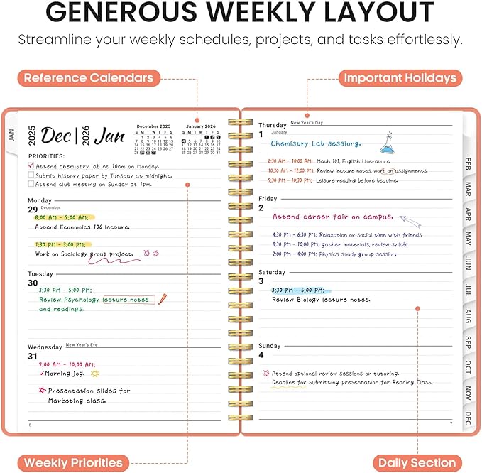 2026 Planner, Weekly and Monthly Calender Planner, Jan 2026 to Dec 2026, Hardcover 2026 Calendar Book with Tabs & Inner Pocket, Office Home School Supplies for Women & Men - A4 (8.5" x 11"), Coral