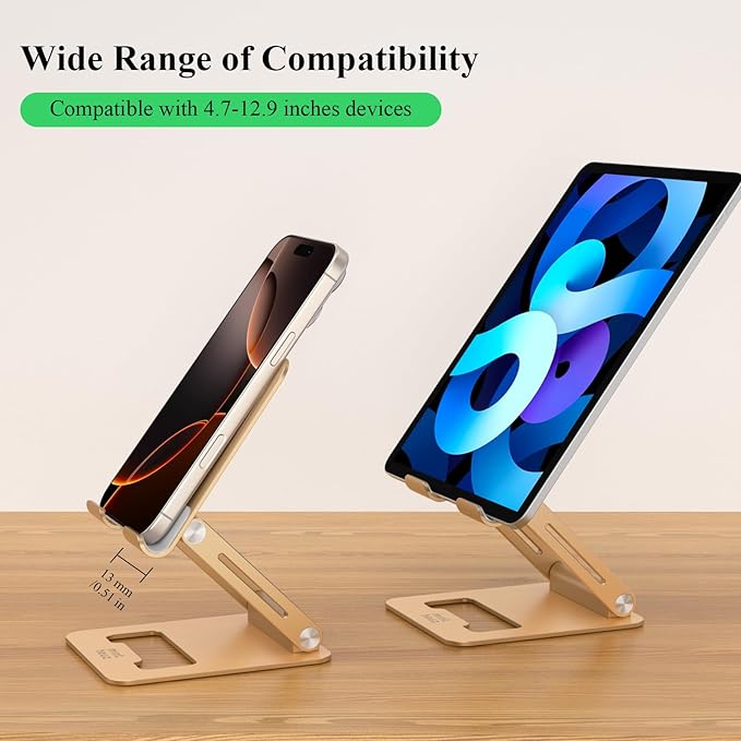 Minthouz Tablet Stand, Multi-Angle Adjustable Tablet Holder, Aluminum iPad Stand Compatible with iPhone 17 16 15 14 13 Pro Max Mini, 12 11 XR X8 Plus SE, Smartphone (Gold)