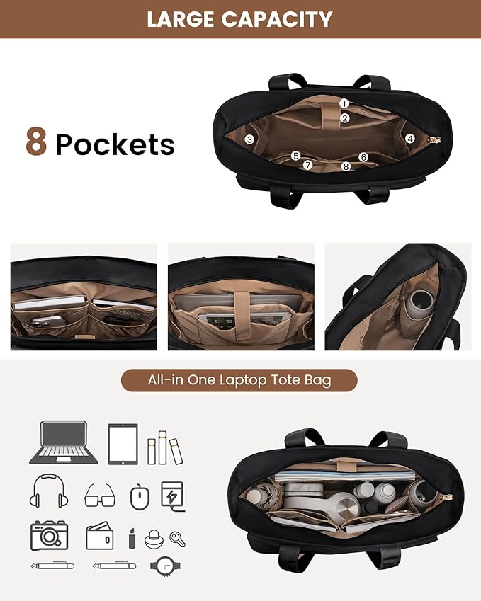 LOVEVOOK Upgrade Version Work Bags for Women 15.6 Inch Laptop Bag Large Capacity Mutiple Pockets Teacher Bag Water Resistant Canvas Tote Bag Purse for Office Travel College Nurse Teacher, Black