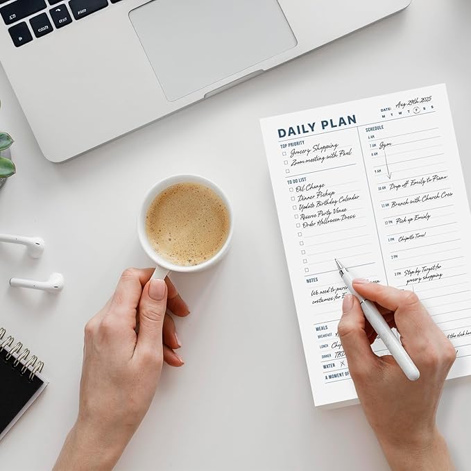 Daily Planner Notepad, 5.5 x 8.5" Tear-Off Pad – 70 Undated Sheets Focus-Enhancing Desktop Organizer with Hourly Schedule, To-Do List for Work, School (White, Minimalist, 2 Pack)