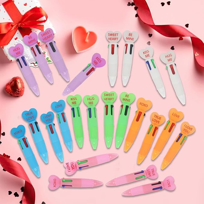 Valentine's Day Pens Mini Multicolor Pens in One 4-in-1 Cute Heart Pen Bulk for Party Favors Fun Kawaii Cool Ballpoint Pen for Birthday Valentines Classroom Gifts (Valentine, 24)