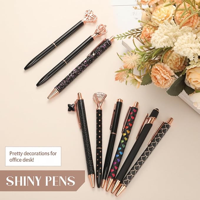 Janmini 9 Pcs Ballpoint Pens Set Metal Crystal Diamond Glitter Pens for Journaling Black Ink Pretty Cute Things Fancy Stationery Gifts for Women Girls Birthday Home Office Desk(Black)