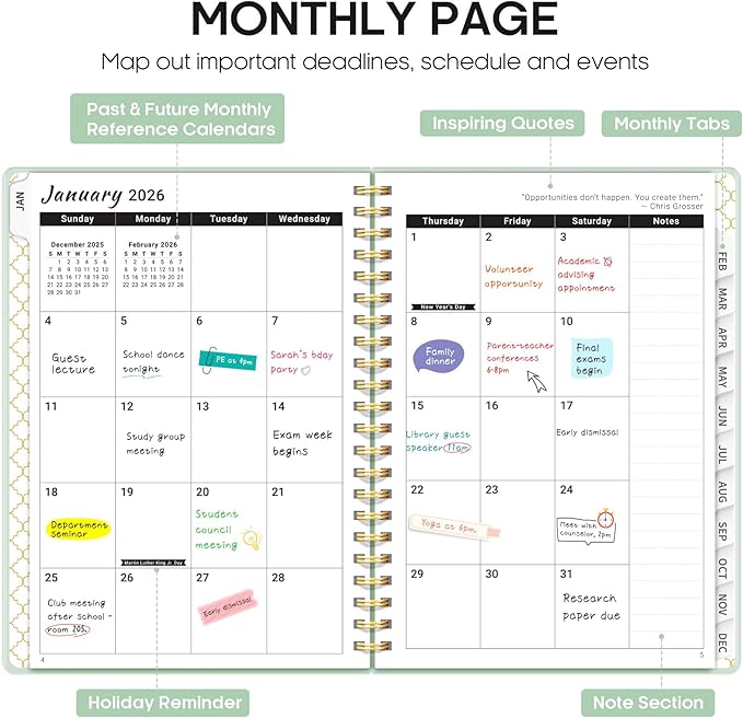 2026 Planner, Weekly and Monthly Calendar Planner, January 2026 - December 2026, Hardcover 2026 Calendar Book with Tabs For Women & Men, Inner Pocket, Spiral Bound, Perfect for Office Home School Supplies - A4 (8.5" x 11"), Mint