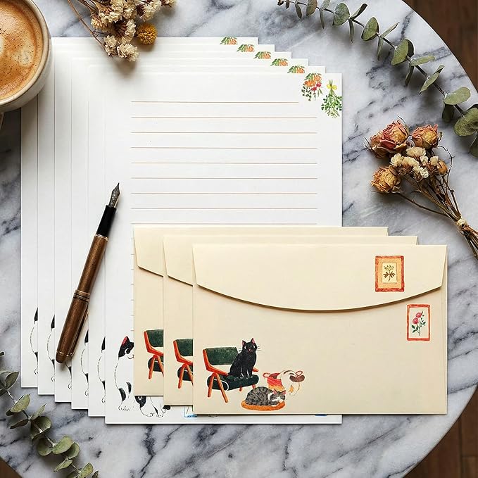Cute Cat Stationery Set 12 PCS Vintage Letter Paper Writing Kit Personalized Stationary Paper and 6PCS Envelopes Set for Women,Pen Pal Supplies Business Papers Handwriting Holiday Greetings