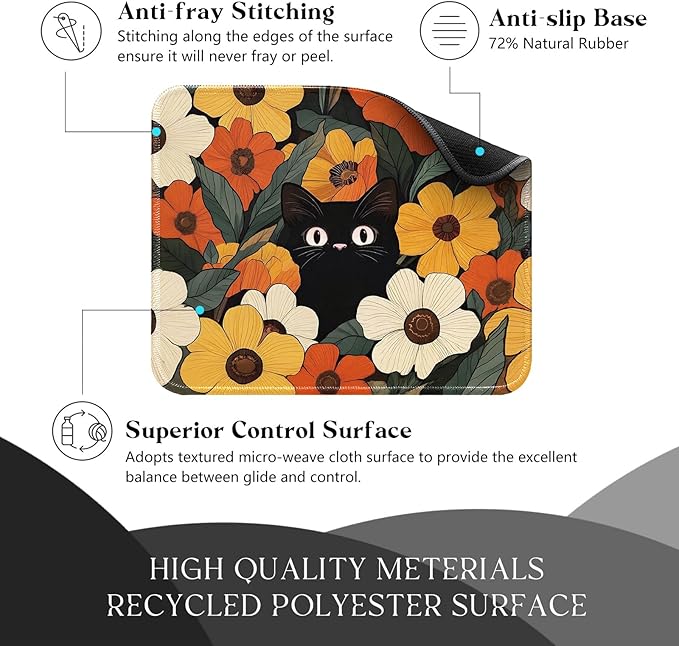 Cute Black Cat Desk Pad Mat with Stitched Edges and Non-Slip Rubber Base, Premium-Textured Mouse Pad for Laptop, Computer & PC, Gaming & Working, Waterproof Mousepad