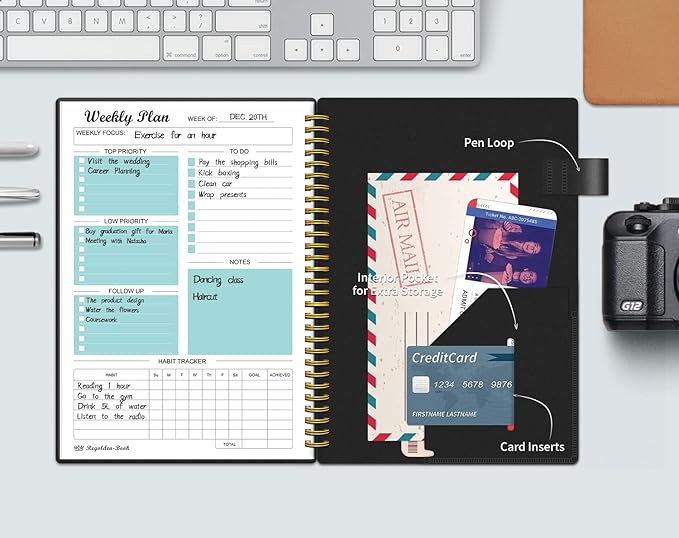 Weekly Planner Undated, Weekly Goals Schedule Planner Regolden-Book To Do List Notebook Calendars Organizers Habit Tracker Journal for Man & Women, Spiral Binding, Pocket, Pen Loop, 53 Weeks (7x10")