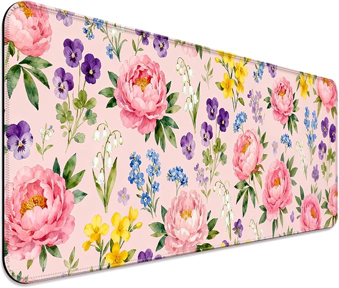 Pink Peony Flowers XL Large Desk Mat, Extended Long Pretty Floral Aesthetics Desk Pad for Gaming and Office, Non-Slip Rubber Base, Comfortable Surface Mouse Pad, 31.5x11.8 in (H12)