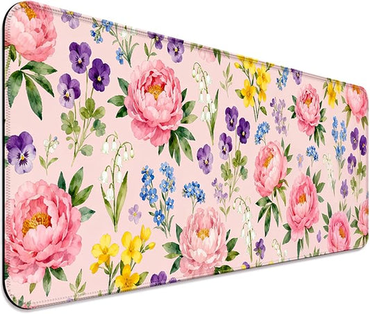 Pink Peony Flowers XL Large Desk Mat, Extended Long Pretty Floral Aesthetics Desk Pad for Gaming and Office, Non-Slip Rubber Base, Comfortable Surface Mouse Pad, 31.5x11.8 in (H12)