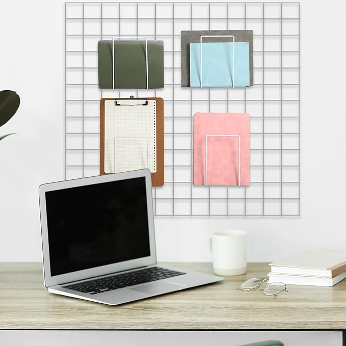 4 Pack Wall Grid Panel Accessories Gridwall Shelf Metal Wire Magazine Holder Literature Display Book Mail Card File Organizer Bookshelf Hooks for Exhibition Trade Show Office Retail (White)