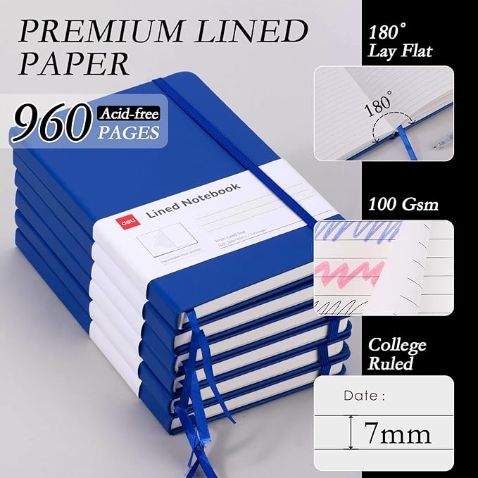 deli 6 Pack Blue Lined Journal Notebook for Work, Moleskine Notebooks, A5 (5.5"x8.3"), 160 Pages Hardcover Journaling Notebooks, Blue College Ruled Notebooks for Notes-taking/Work/Travel