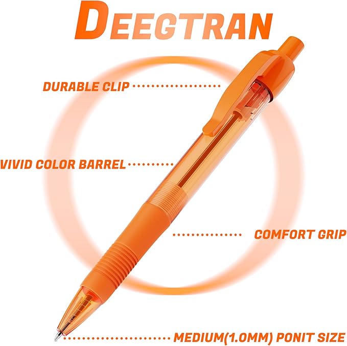 deegtran Pens Bulk, 30 Pack No Bleed Orange Ink Click Pens with Soft Grip, Wholesale Retractable Ballpoint Pens for Office School, Medium Point Smooth 1.0MM