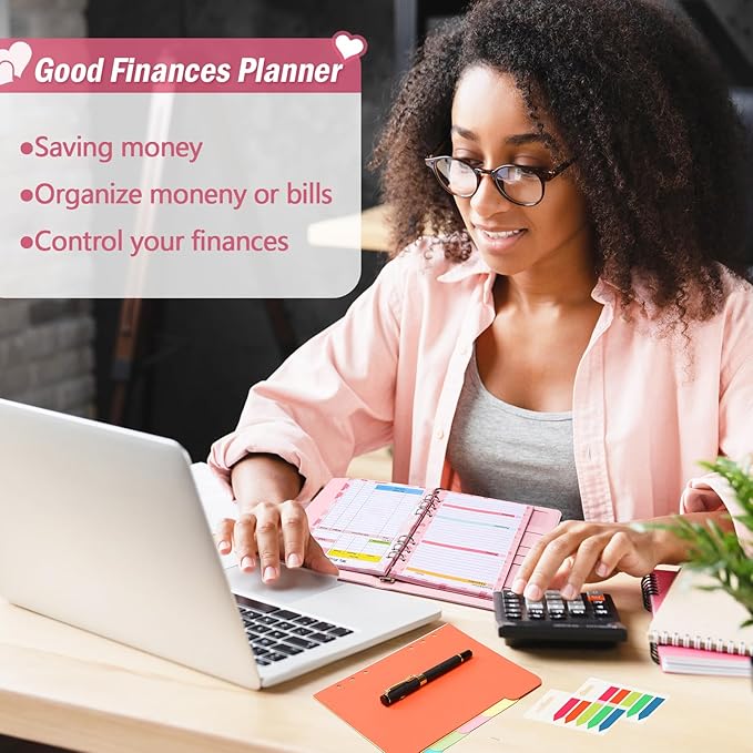 Toplive 7 Pack A5 Planner Inserts Monthly Weekly Planner Refills Paper 6 Ring Expense Budget Sheets with Cash Envelopes Divider Ruler Stickers, for A5 Planner Binder Cover, Pink Heart