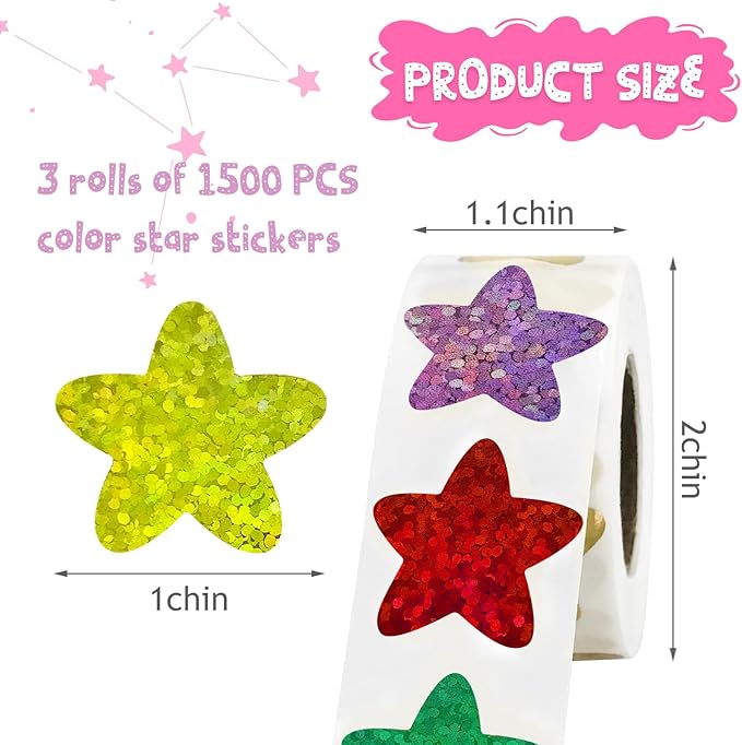 3 Rolls Star Stickers,1500pcs Foil Shiny Self-Adhesive Colorful Star Stickers for Kids Reward for Student Planner and School Classroom Teacher Supplies