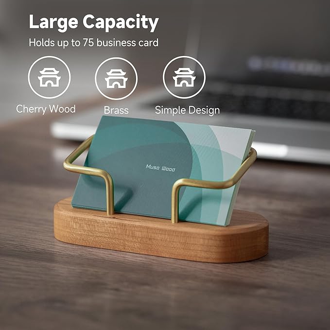 muso wood Business Card Holder for Desk, Wooden Creative Business Card Display for Desk, Wood Business Card Stand for Office, Tabletop (Cherry 2pack)