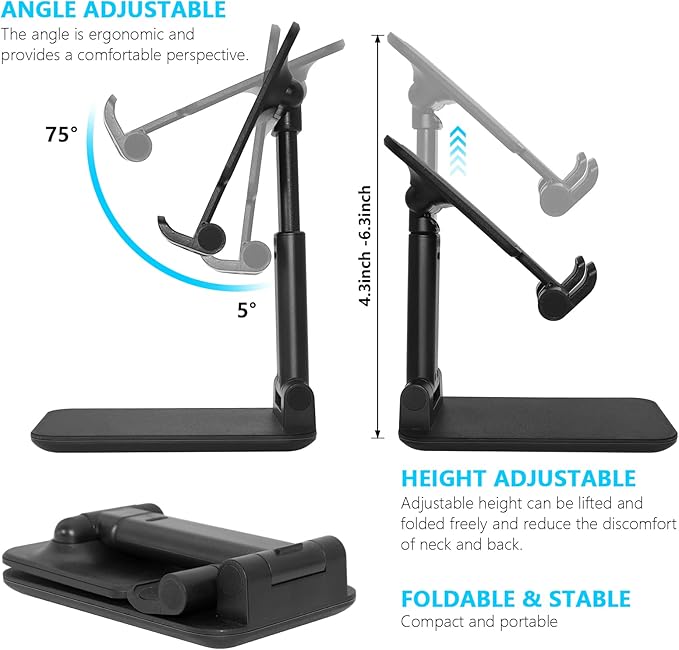 2 Pcs Folding Cell Phone Stand, Fully Adjustable Angle Height Phone Stand for Desk, Foldable/Portable Desktop Phone Holder Compatible with All Phone 14 13 12 11 Smartphones (Black and Black)