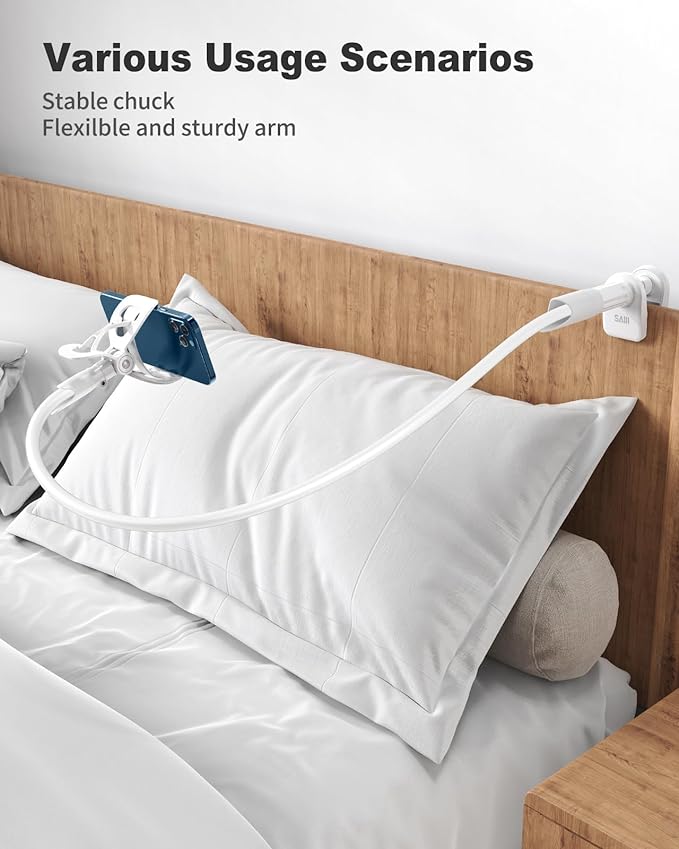 SAIJI Gooseneck Cell Phone Holder, Clamp Universal Lazy Mount Clip Hands Free Flexible Long Arm Bracket Grip for 4-7 Phones Mobile Stand Baby Monitor for Desk, Bed, Office, Kitchen (White)