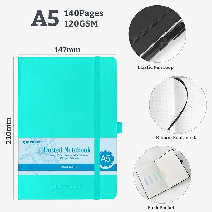 Bullet Dotted Journal Hardcover Notebook, A5 140 Pages 120Gsm Thick Paper for School,Note Taking,Work,Diary，5.7''*8.3'',Turquoise