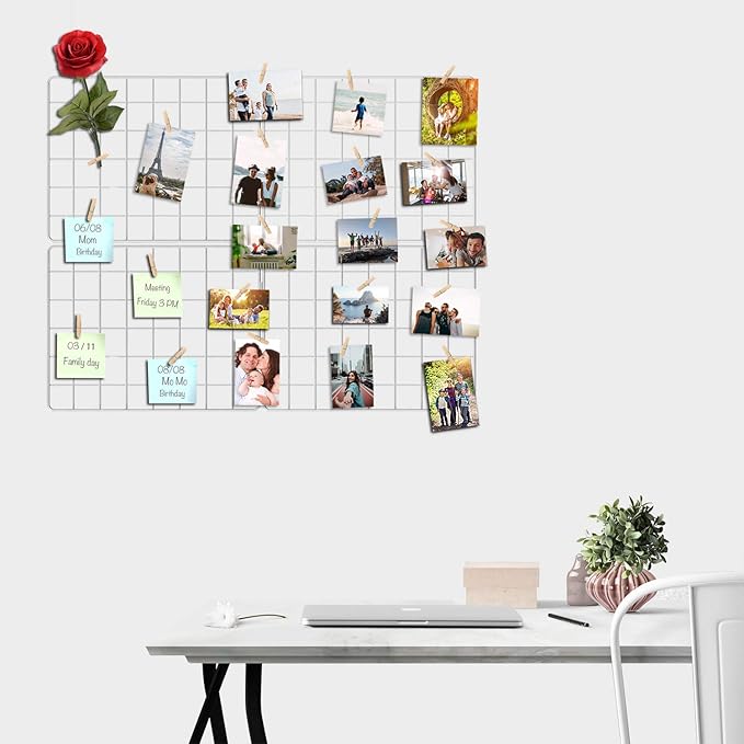 Wire Wall Grid Panel for Photo Display, DIY White Iron Picture Frames Collage for Hanging Wall Decor, Foldable Multi Pictures Organizer with 12 Clips, 31'' X 24'' Inch. (2 Pack)