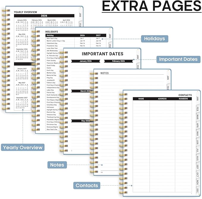 2026 Planner, Weekly and Monthly Calendar Planner, January 2026 - December 2026, Hardcover 2026 Calendar Book with Tabs For Women & Men, Inner Pocket, Spiral Bound, Perfect for Office Home School Supplies - A4 (8.5" x 11"), Blue
