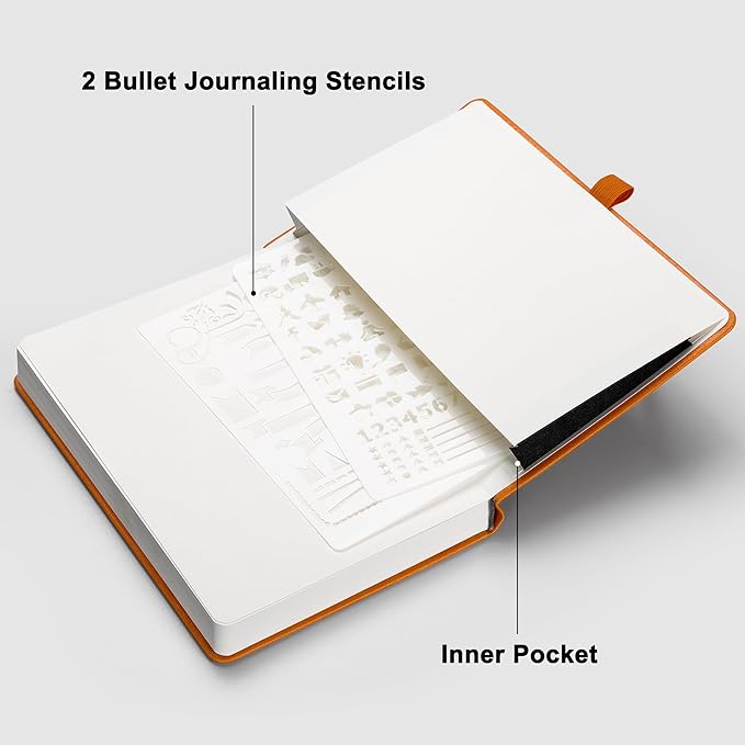 RETTACY Dotted Journal Notebook, 192 Pages, A5 Medium Size (5.7'' x 8.3''), Leather Hardcover, 100 GSM Thick Paper, for Bullet Journaling, Planning, Tracking (Orange)