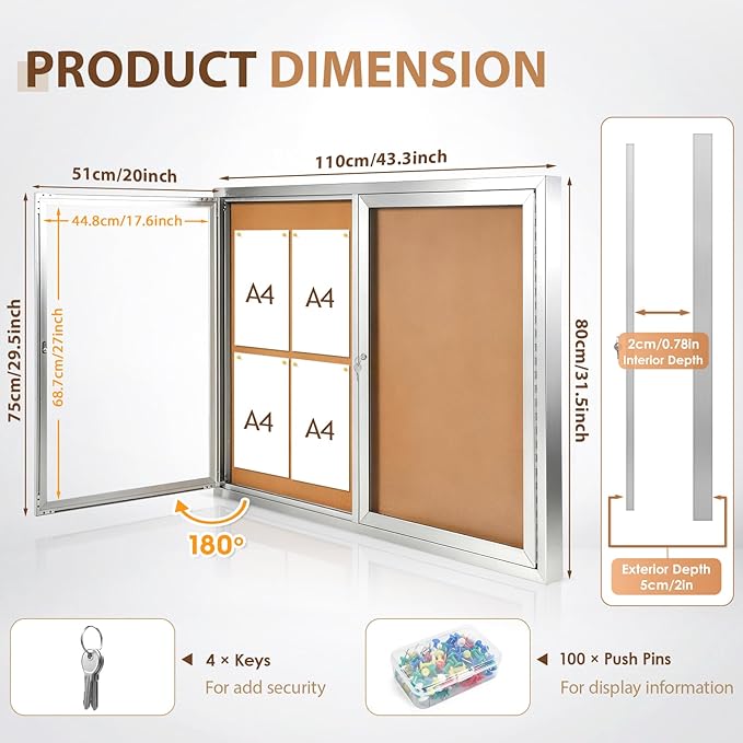 SWANCROWN Weather Resistant Enclosed Bulletin Board Cork Displays Boards Wall Mounted Notice Case with 2 Locking Door,43x31 inches